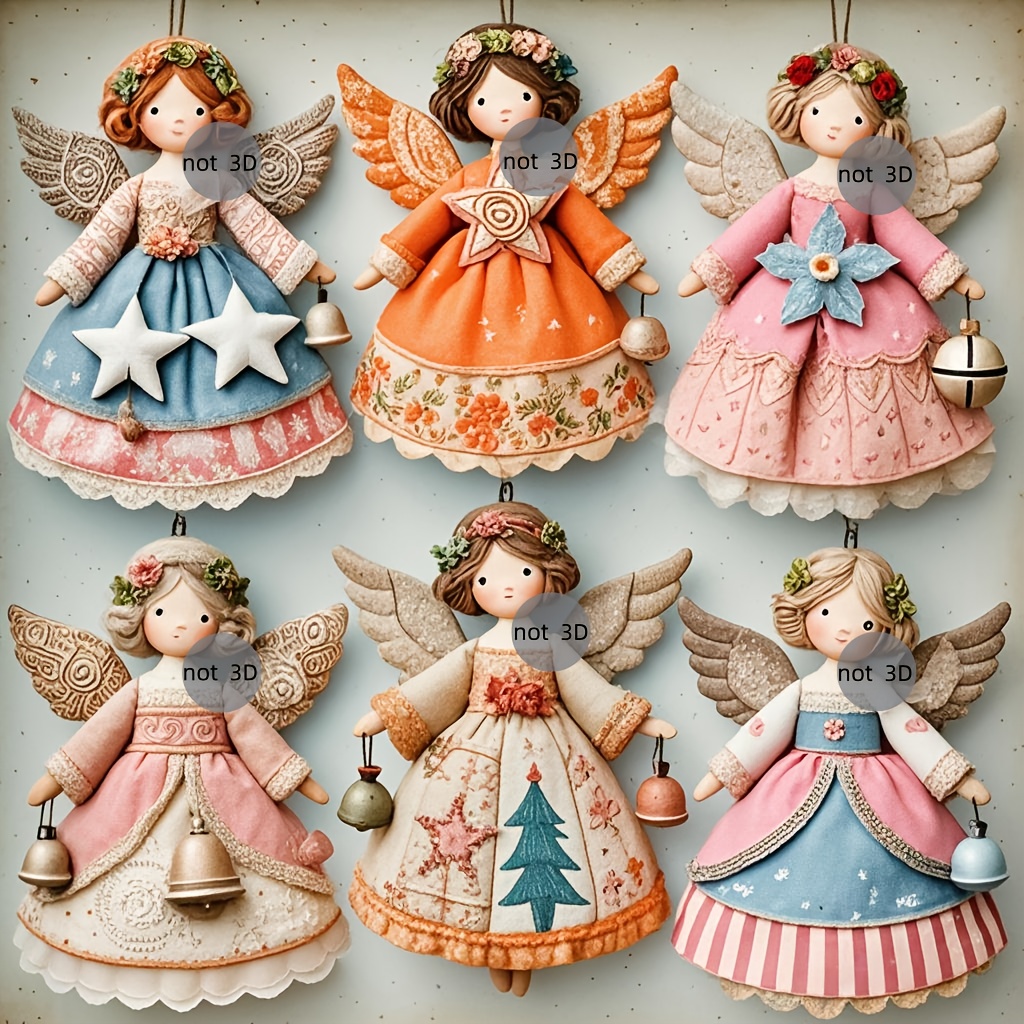 Vintage Collectible Dolls - 6/12Pcs 2D Flat Wooden Angel Ornaments